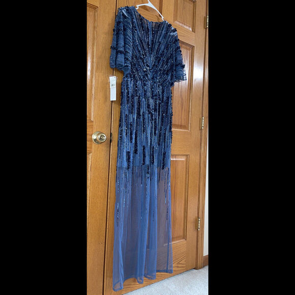 Women’s Formal Dress AIDAN MATTOX Size 10 Blue Beaded Short Sleeve AUTHENTIC NEW - Picture 8 of 11